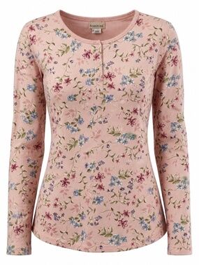 Vintage Fashion Bug Floral Henley Top Pink Long Sleeve Knit Shirt 26/28